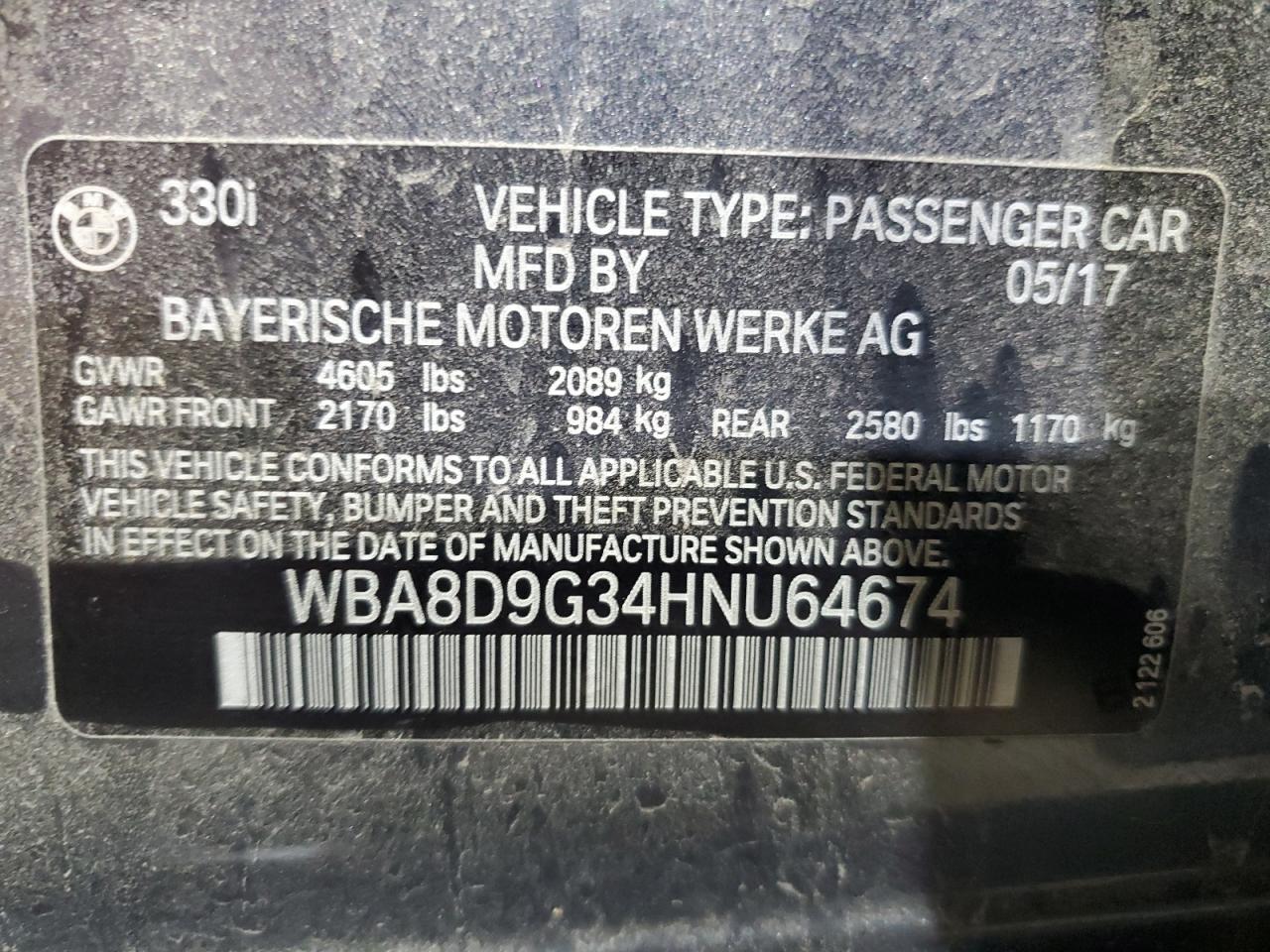 2017 BMW 330 Xi VIN: WBA8D9G34HNU64674 Lot: 85715385