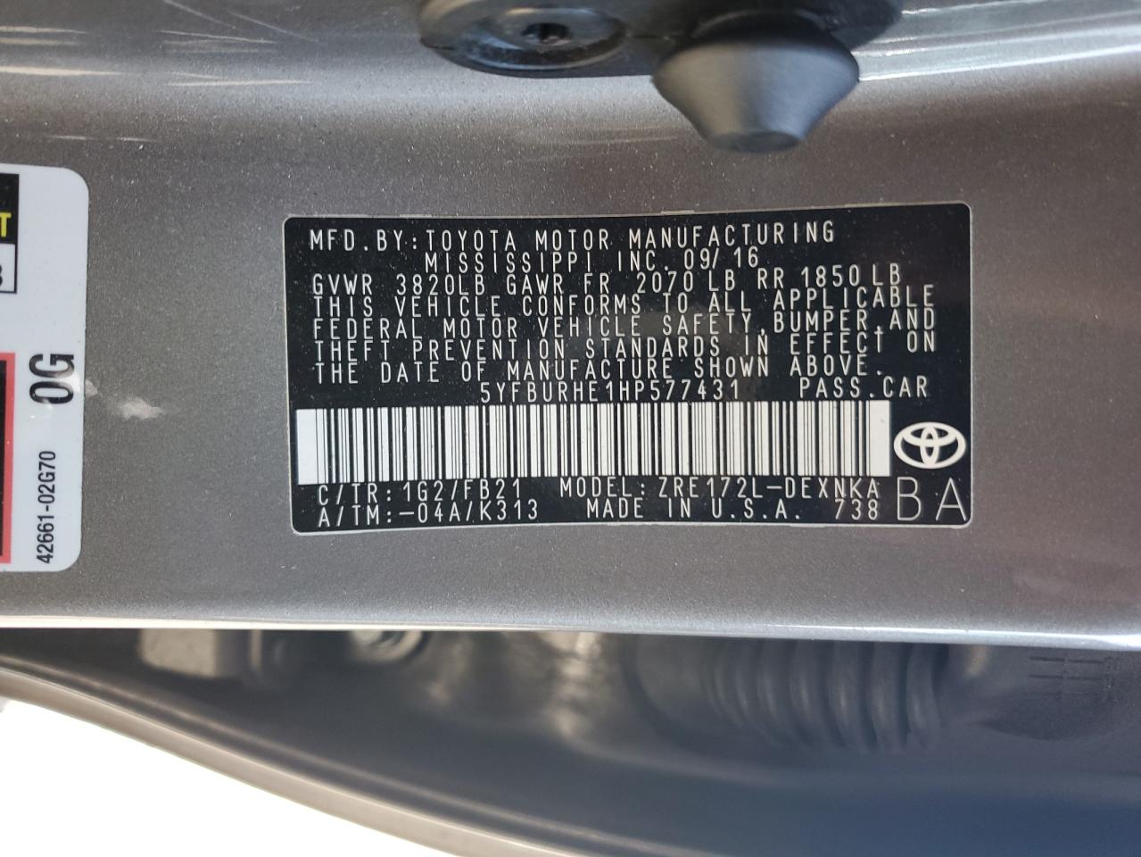 2017 Toyota Corolla L VIN: 5YFBURHE1HP577431 Lot: 85370585