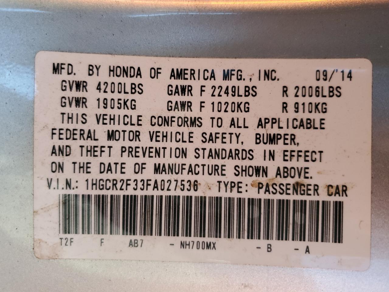 2015 Honda Accord Lx VIN: 1HGCR2F33FA027536 Lot: 86302205