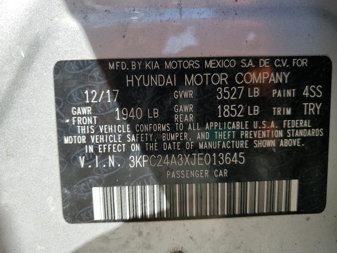 2018 Hyundai Accent Se VIN: 3KPC24A3XJE013645 Lot: 85948035