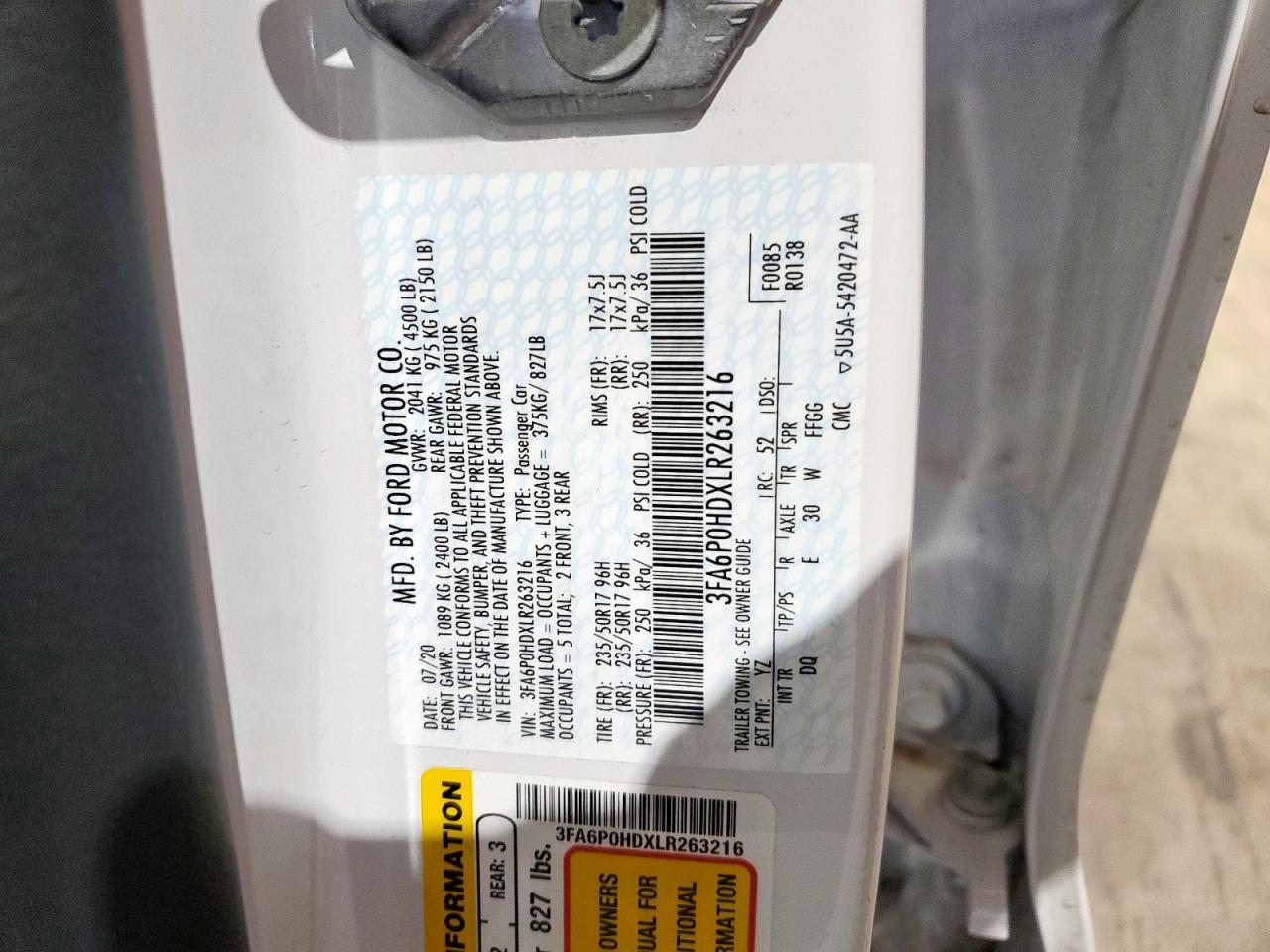 2020 Ford Fusion Se VIN: 3FA6P0HDXLR263216 Lot: 90723015