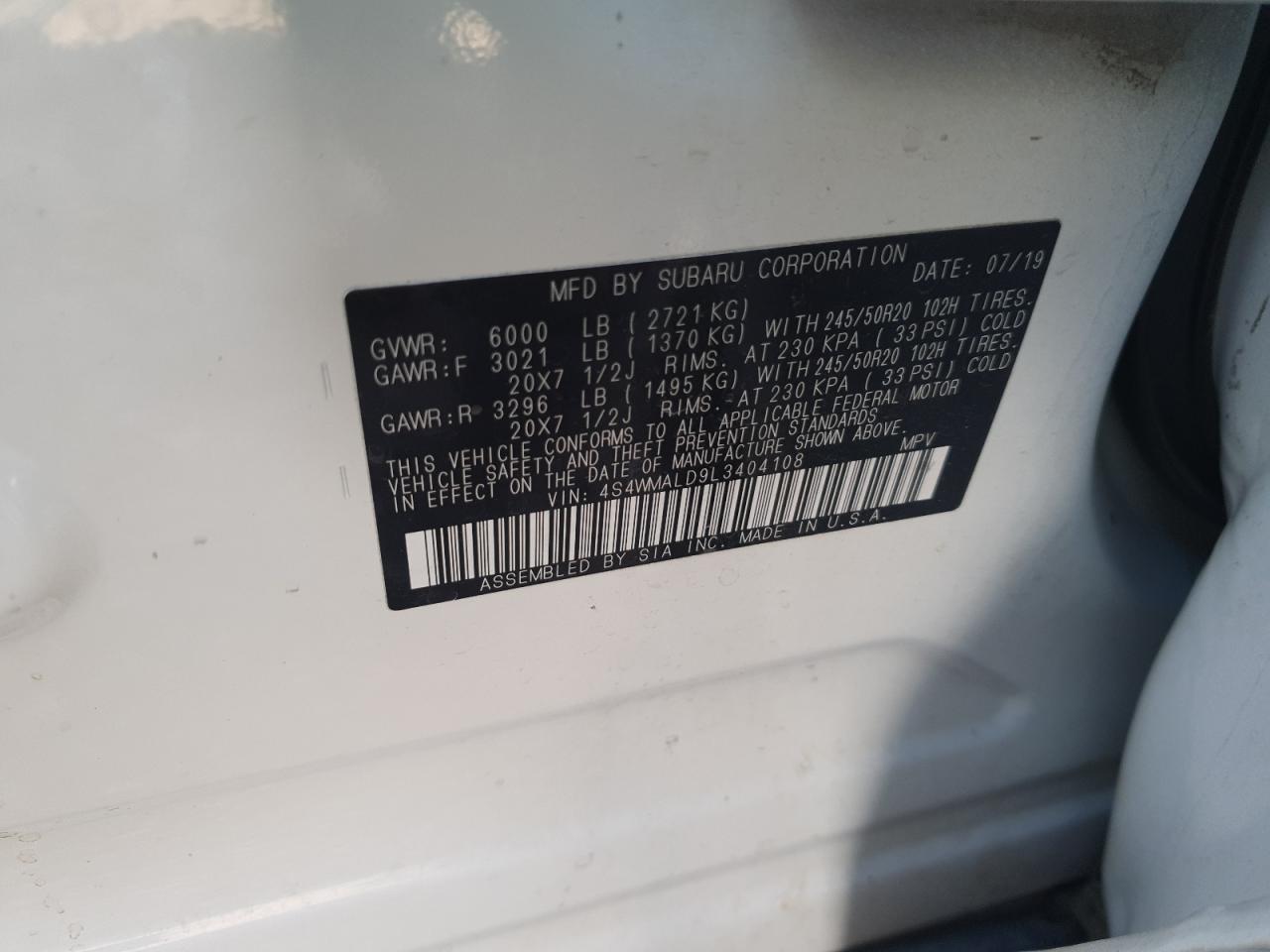 2020 Subaru Ascent Limited VIN: 4S4WMALD9L3404108 Lot: 86323195