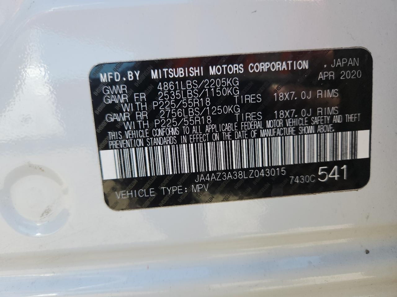 2020 Mitsubishi Outlander Se VIN: JA4AZ3A38LZ043015 Lot: 89694575