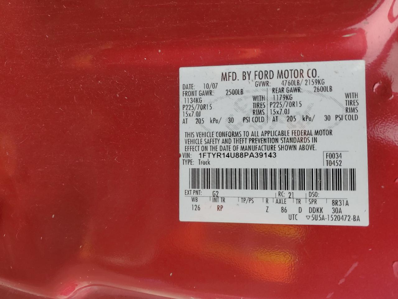 2008 Ford Ranger Super Cab VIN: 1FTYR14U88PA39143 Lot: 86152605