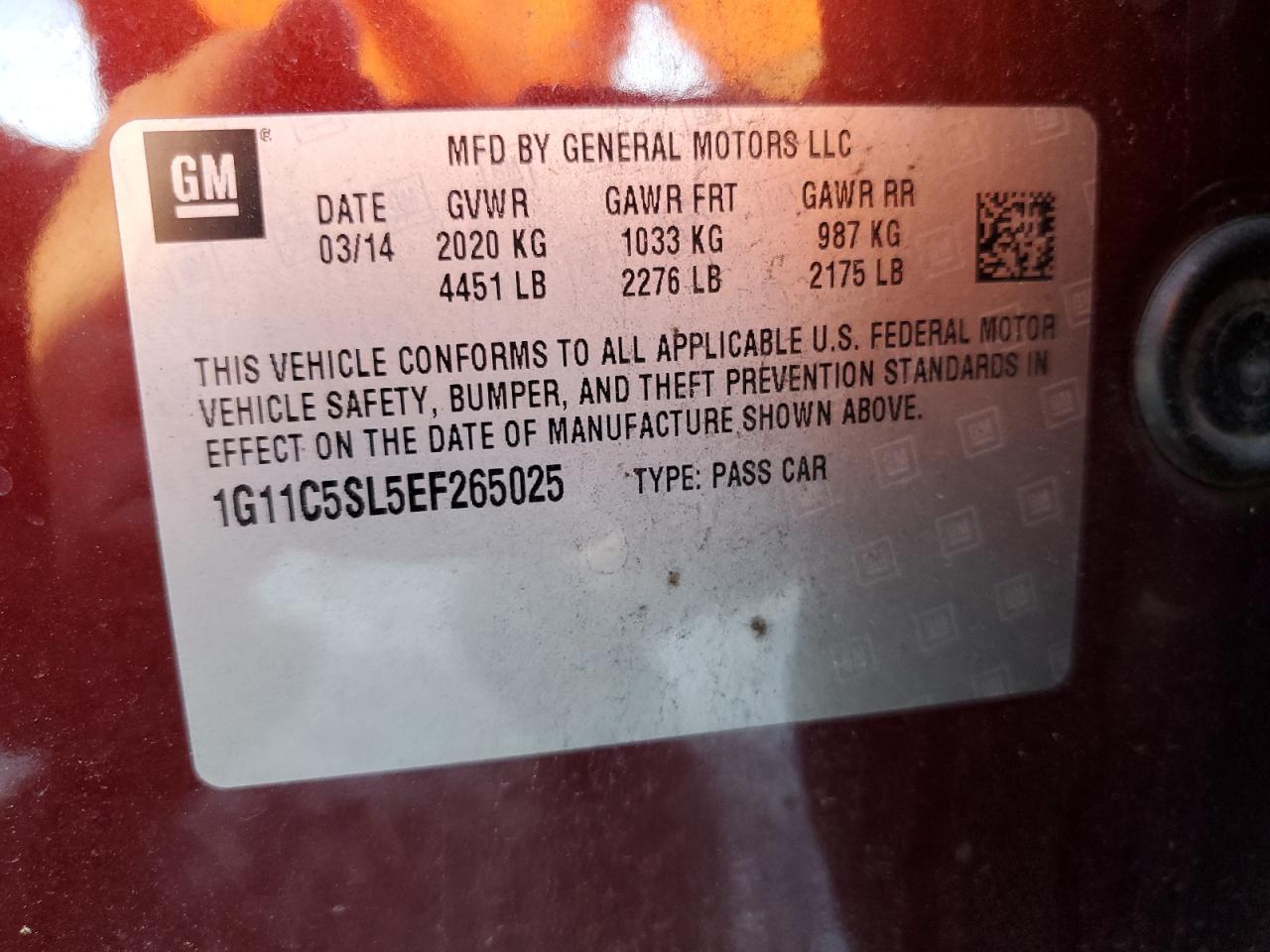 2014 Chevrolet Malibu 1Lt VIN: 1G11C5SL5EF265025 Lot: 81880535