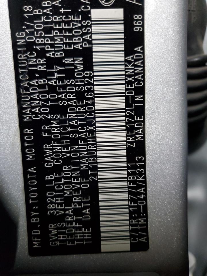 2018 Toyota Corolla L VIN: 2T1BURHEXJC046329 Lot: 85592505