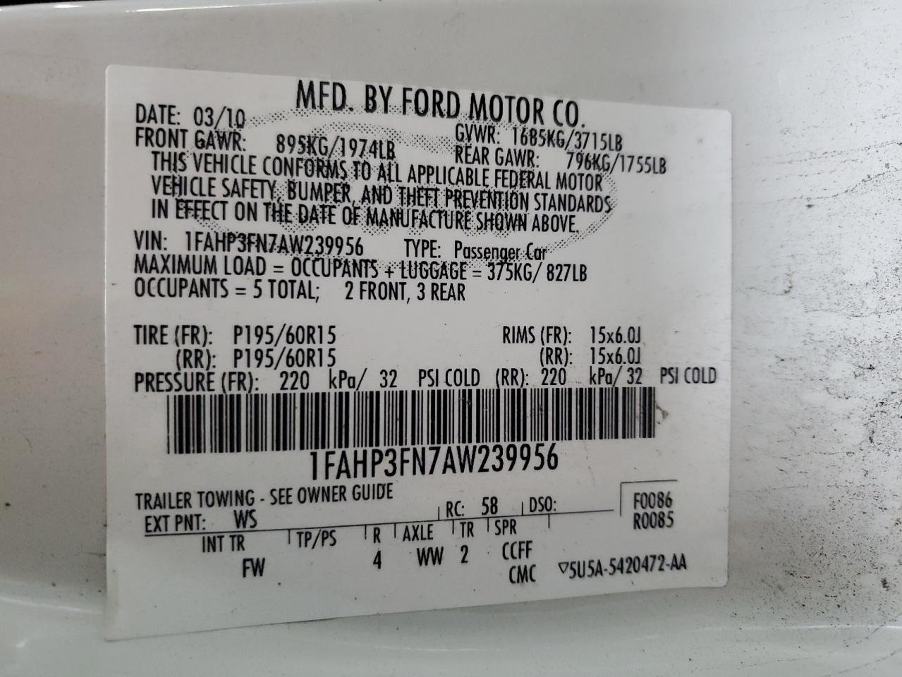 2010 Ford Focus Se VIN: 1FAHP3FN7AW239956 Lot: 85547645