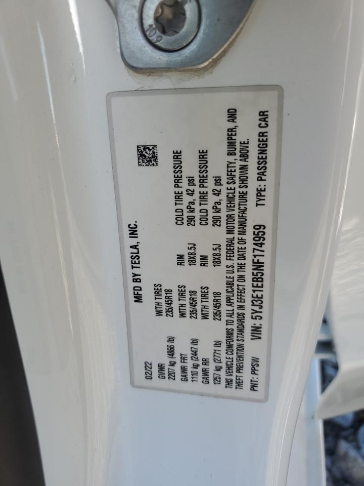 2022 Tesla Model 3 VIN: 5YJ3E1EB5NF174959 Lot: 90065675