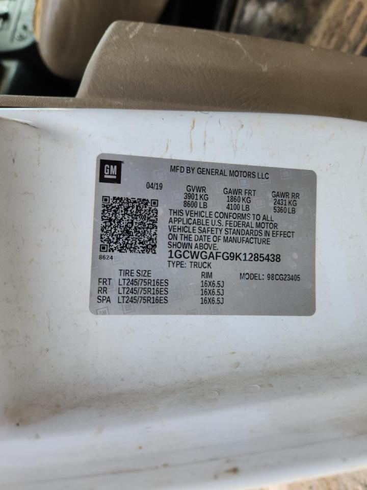 2019 Chevrolet Express 2500 Delivery Van VIN: 1GCWGAFG9K1285438 Lot: 87448955