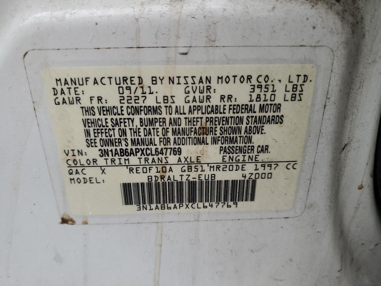 2012 Nissan Sentra 2.0 VIN: 3N1AB6APXCL647769 Lot: 85711285