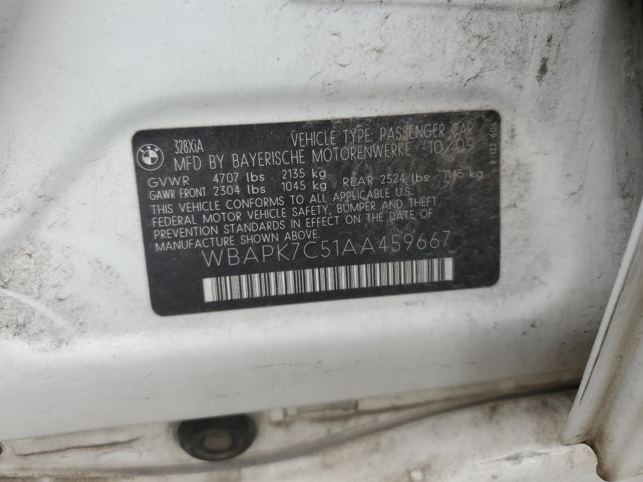 2010 BMW 328 Xi VIN: WBAPK7C51AA459667 Lot: 84928355