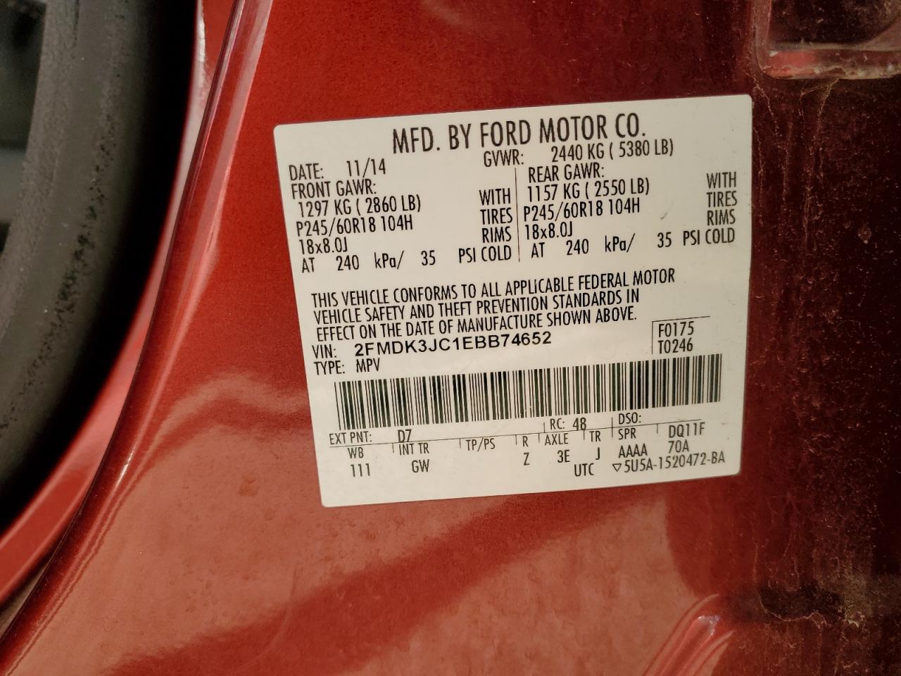 2014 Ford Edge Sel VIN: 2FMDK3JC1EBB74652 Lot: 85528875