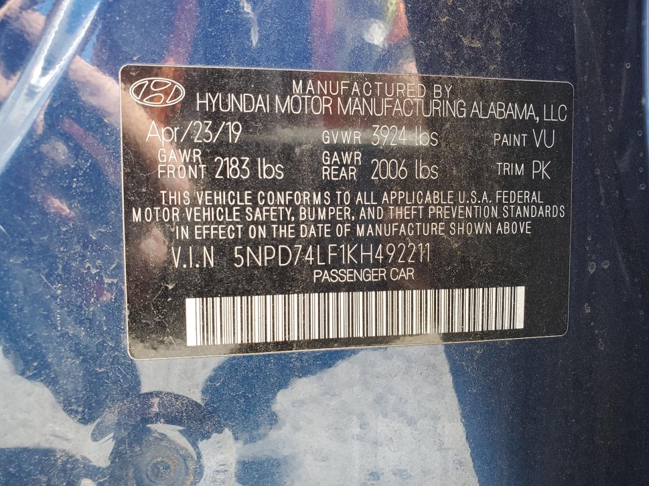 2019 Hyundai Elantra Se VIN: 5NPD74LF1KH492211 Lot: 86842035