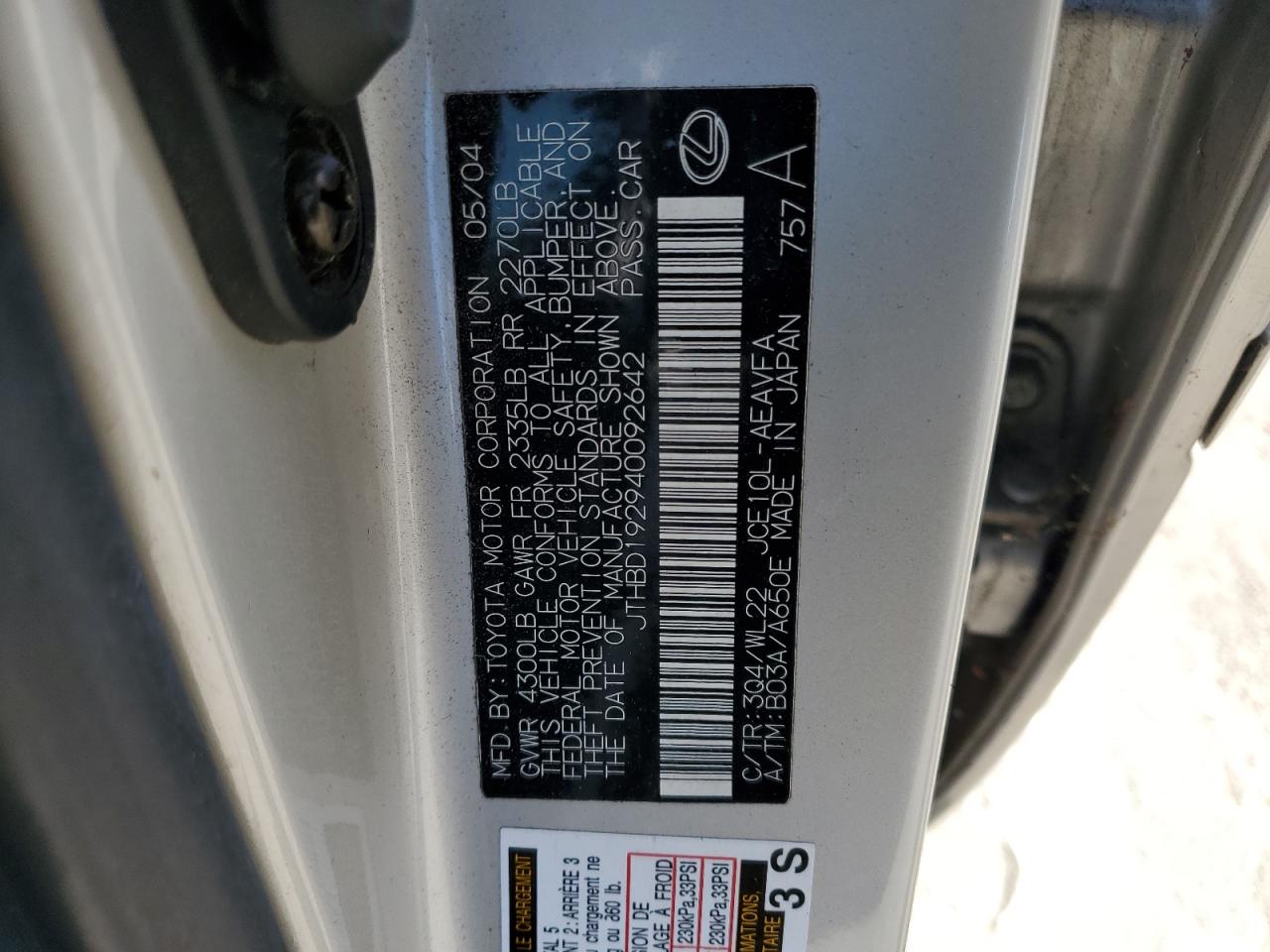 2004 Lexus Is 300 VIN: JTHBD192940092642 Lot: 82216315