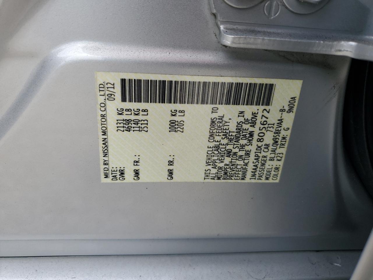 2013 Nissan Maxima S VIN: 1N4AA5AP1DC805672 Lot: 90355905