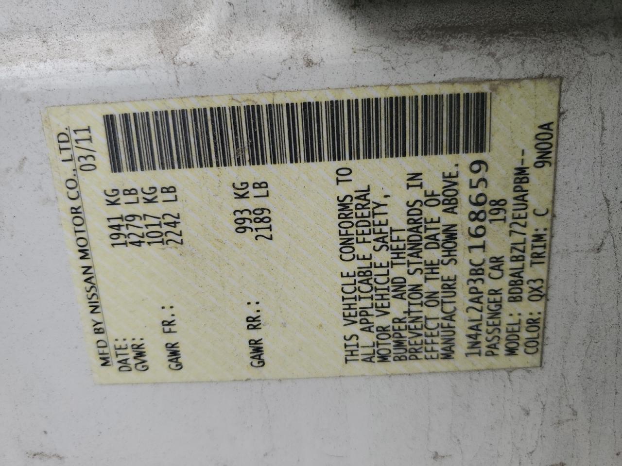 2011 Nissan Altima Base VIN: 1N4AL2AP3BC168659 Lot: 85889755