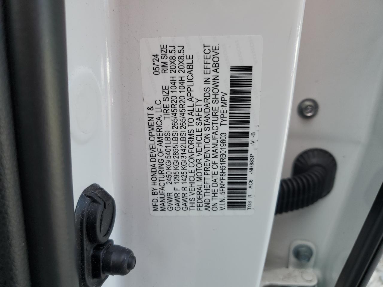 2024 Honda Passport Exl VIN: 5FNYF8H51RB019803 Lot: 85774685