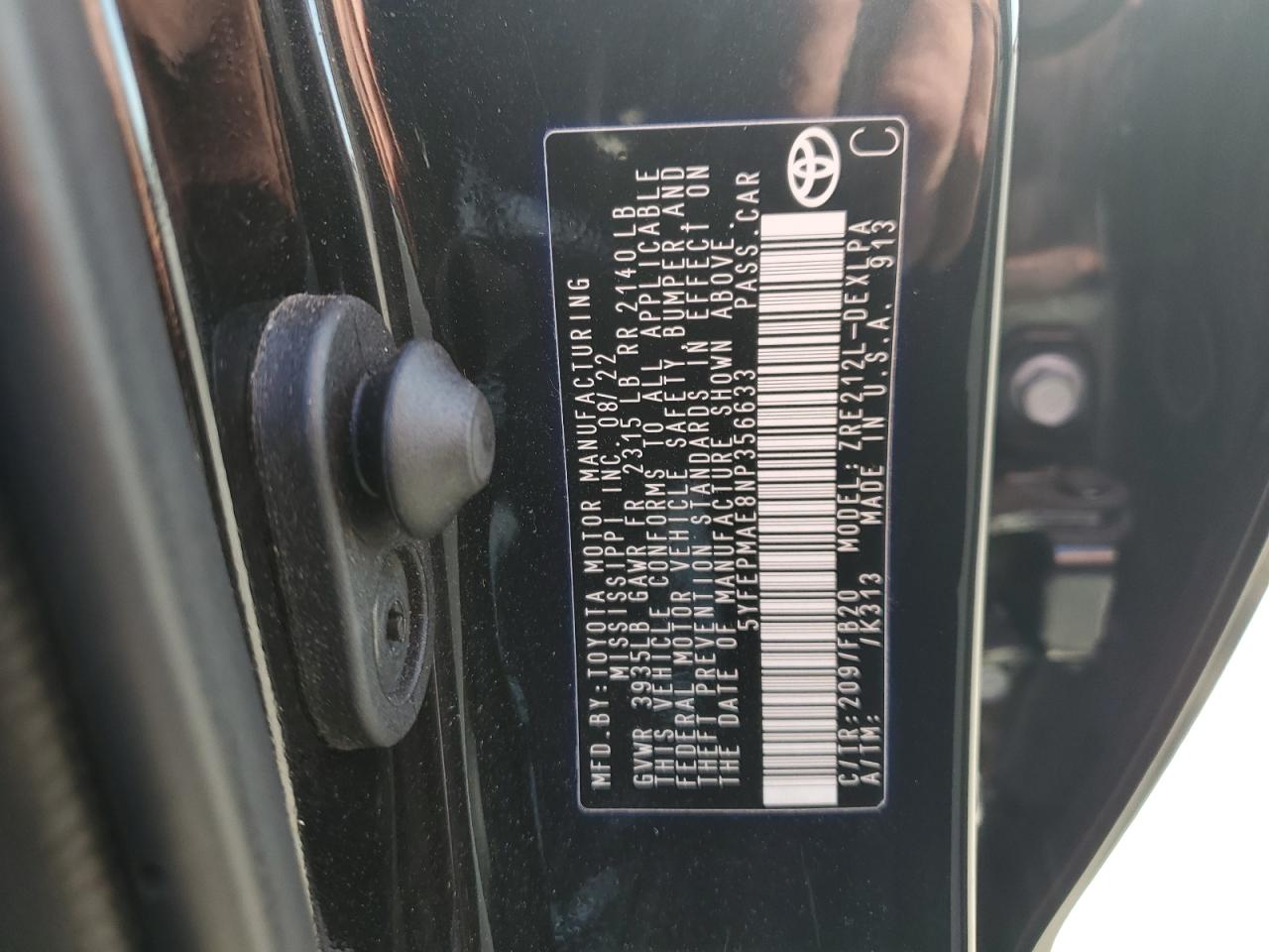 2022 Toyota Corolla Le VIN: 5YFEPMAE8NP356633 Lot: 85349445