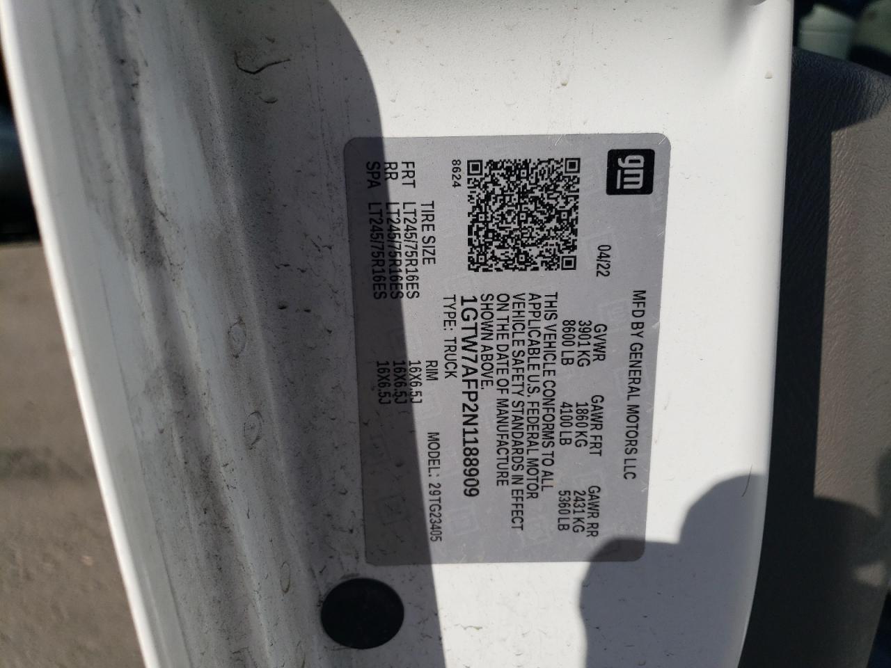 2022 GMC Savana Delivery Van VIN: 1GTW7AFP2N1188909 Lot: 70269895