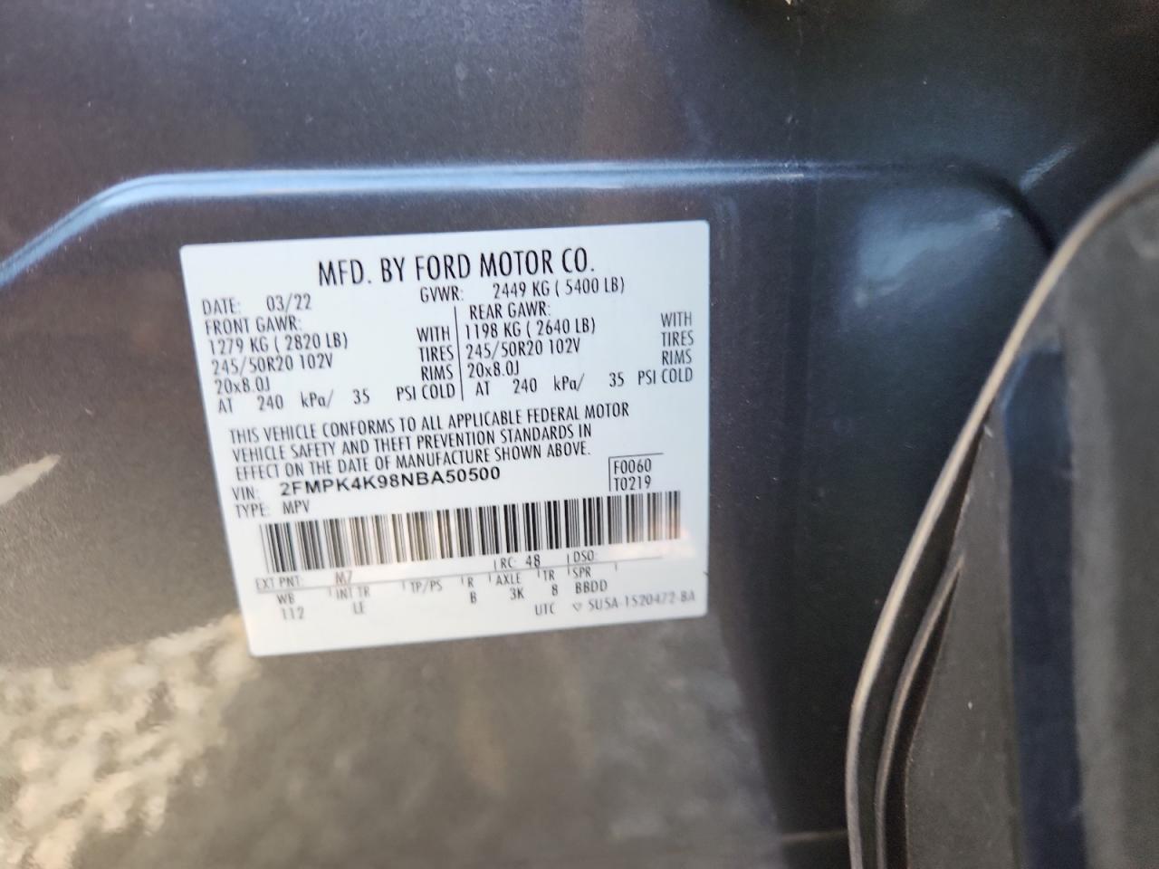 2022 Ford Edge Titanium VIN: 2FMPK4K98NBA50500 Lot: 89883465