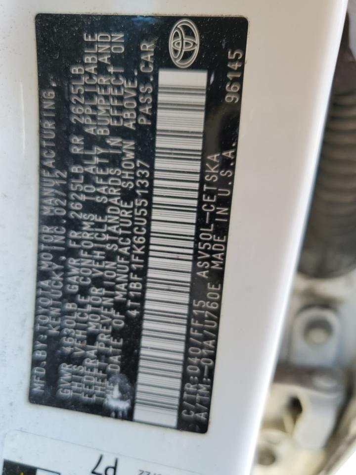 2012 Toyota Camry Base VIN: 4T1BF1FK6CU551337 Lot: 86188535