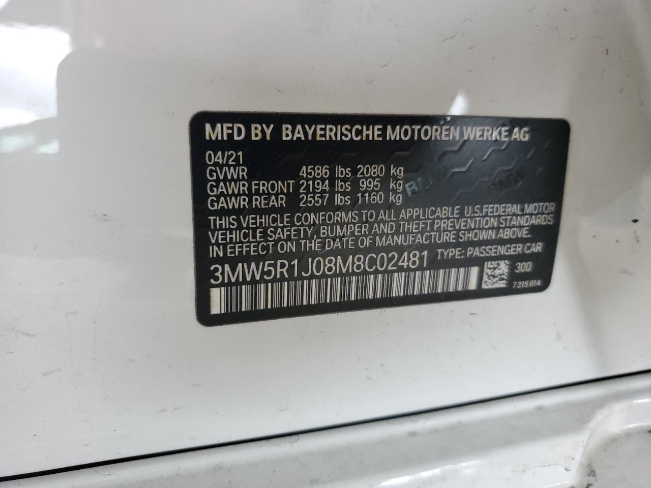 2021 BMW 330I VIN: 3MW5R1J08M8C02481 Lot: 90655805