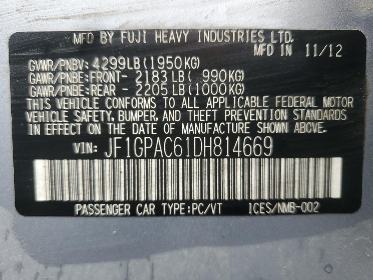 2013 Subaru Impreza Premium VIN: JF1GPAC61DH814669 Lot: 85670105