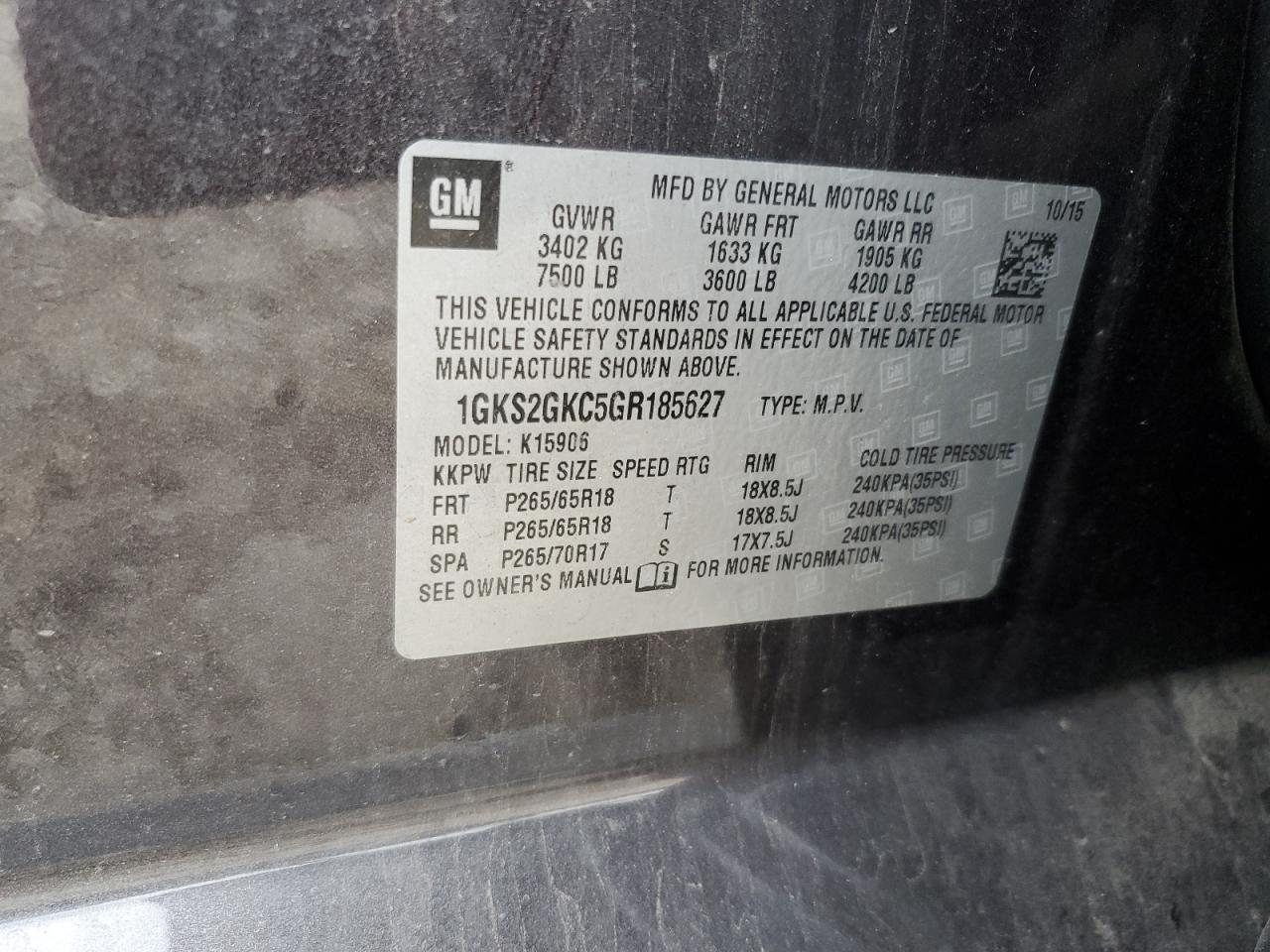 2016 GMC Yukon Xl K1500 Slt VIN: 1GKS2GKC5GR185627 Lot: 90279875