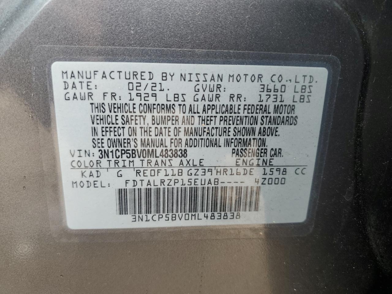 2021 Nissan Kicks S VIN: 3N1CP5BV0ML483838 Lot: 82266935