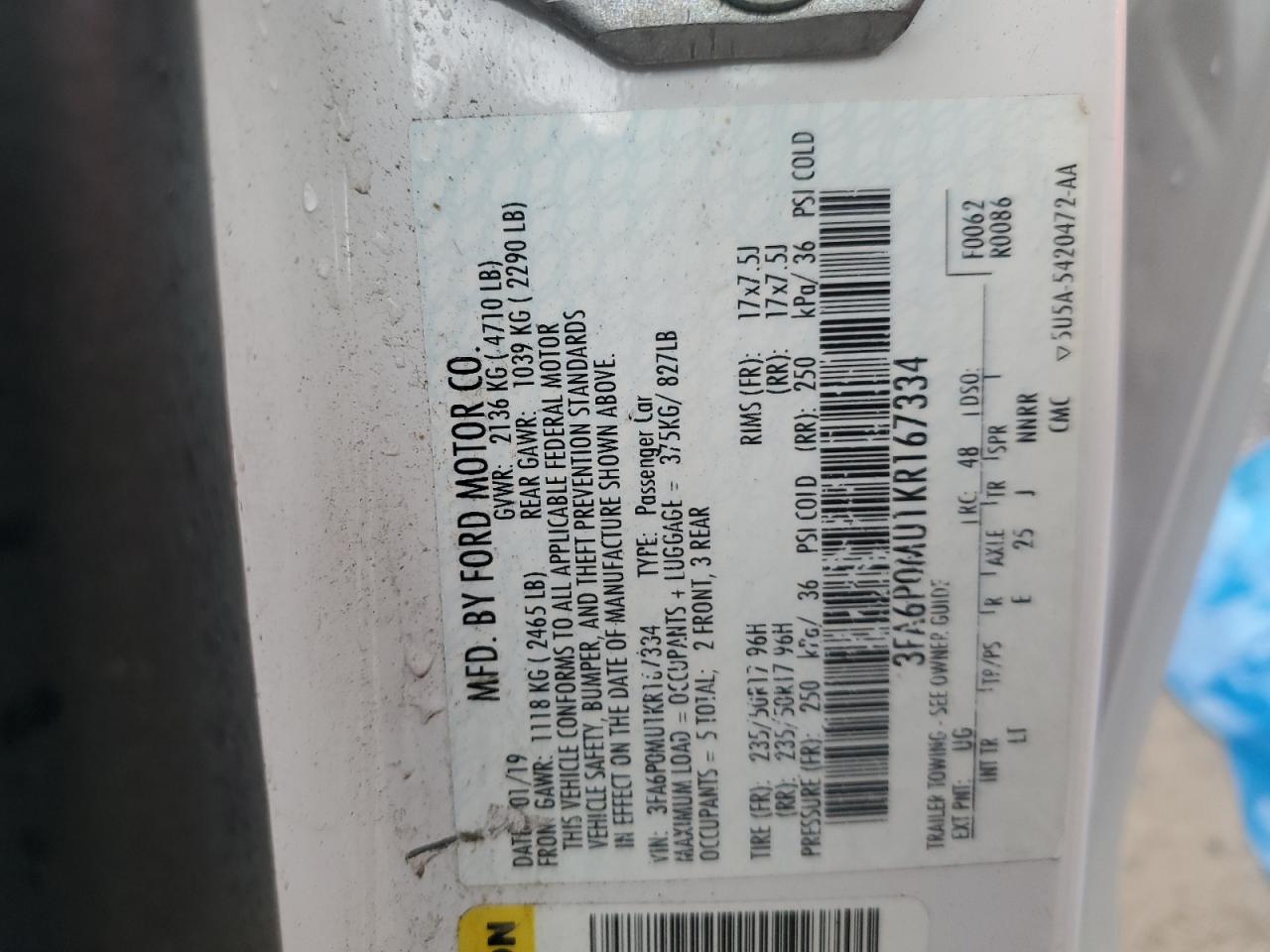 2019 Ford Fusion Sel VIN: 3FA6P0MU1KR167334 Lot: 85107975