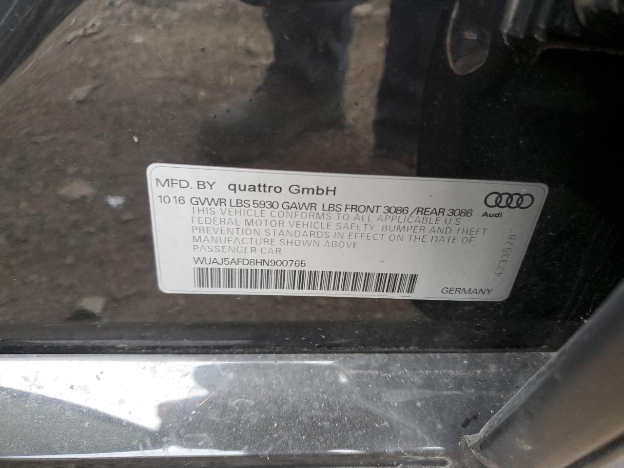 2017 Audi S8 Plus Quattro VIN: WUAJ5AFD8HN900765 Lot: 87409355