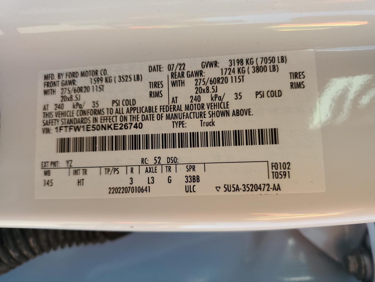 2022 Ford F150 Supercrew VIN: 1FTFW1E50NKE26740 Lot: 81995915