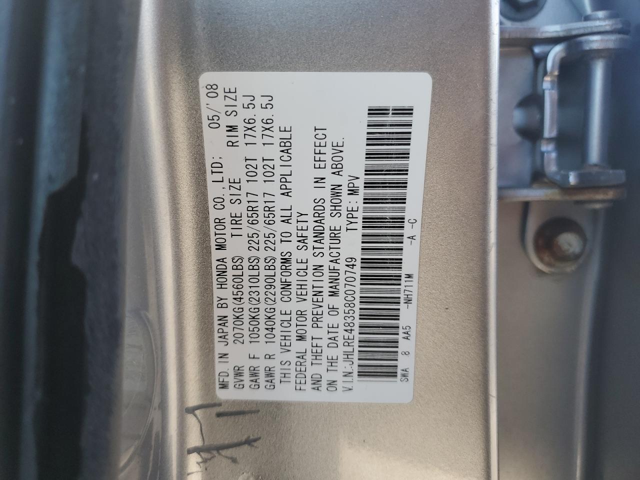 2008 Honda Cr-V Lx VIN: JHLRE48358C070749 Lot: 86316005