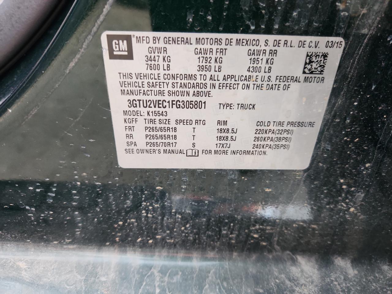 2015 GMC Sierra K1500 Slt VIN: 3GTU2VEC1FG305801 Lot: 86495815