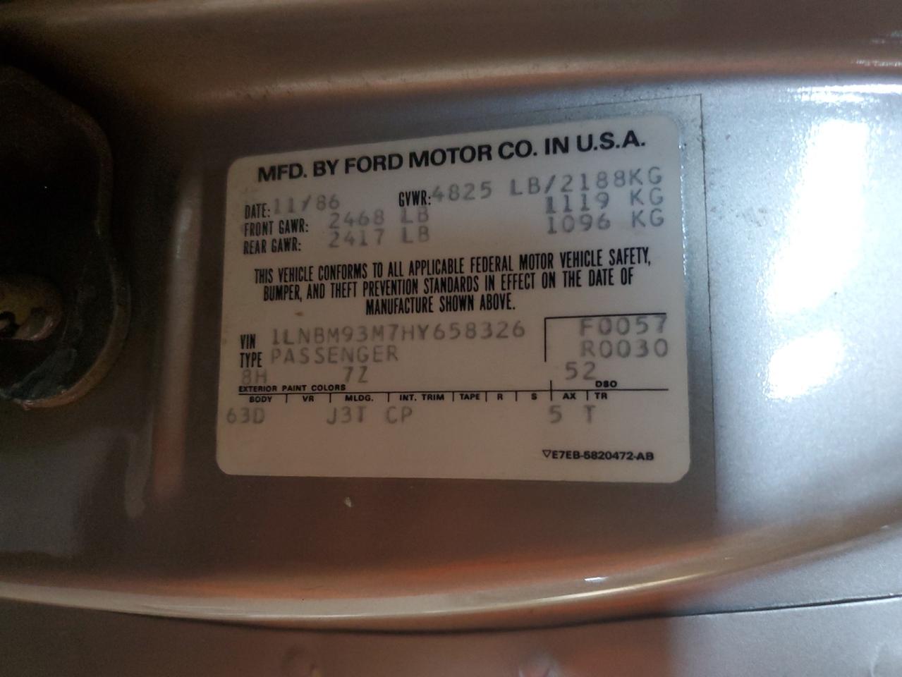 1987 Lincoln Mark Vii Lsc VIN: 1LNBM93M7HY658326 Lot: 82710465