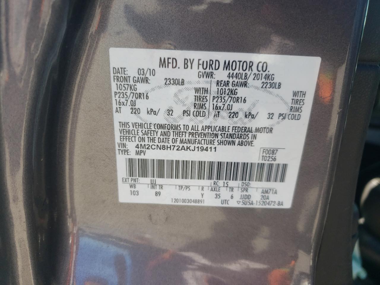 2010 Mercury Mariner Premier VIN: 4M2CN8H72AKJ19411 Lot: 87217365