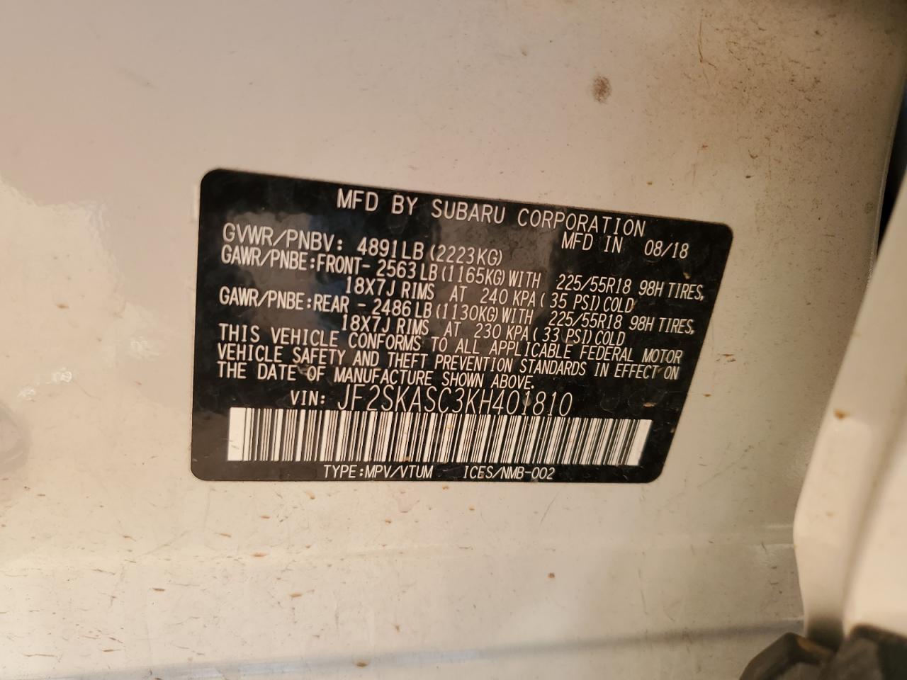 2019 Subaru Forester Limited VIN: JF2SKASC3KH401810 Lot: 84818215