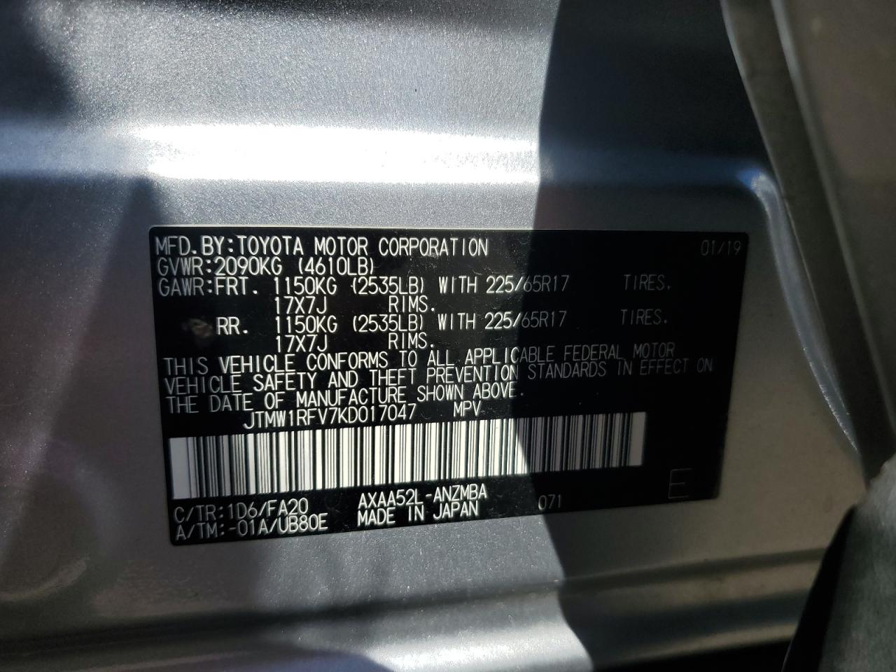 2019 Toyota Rav4 Xle VIN: JTMW1RFV7KD017047 Lot: 86277675