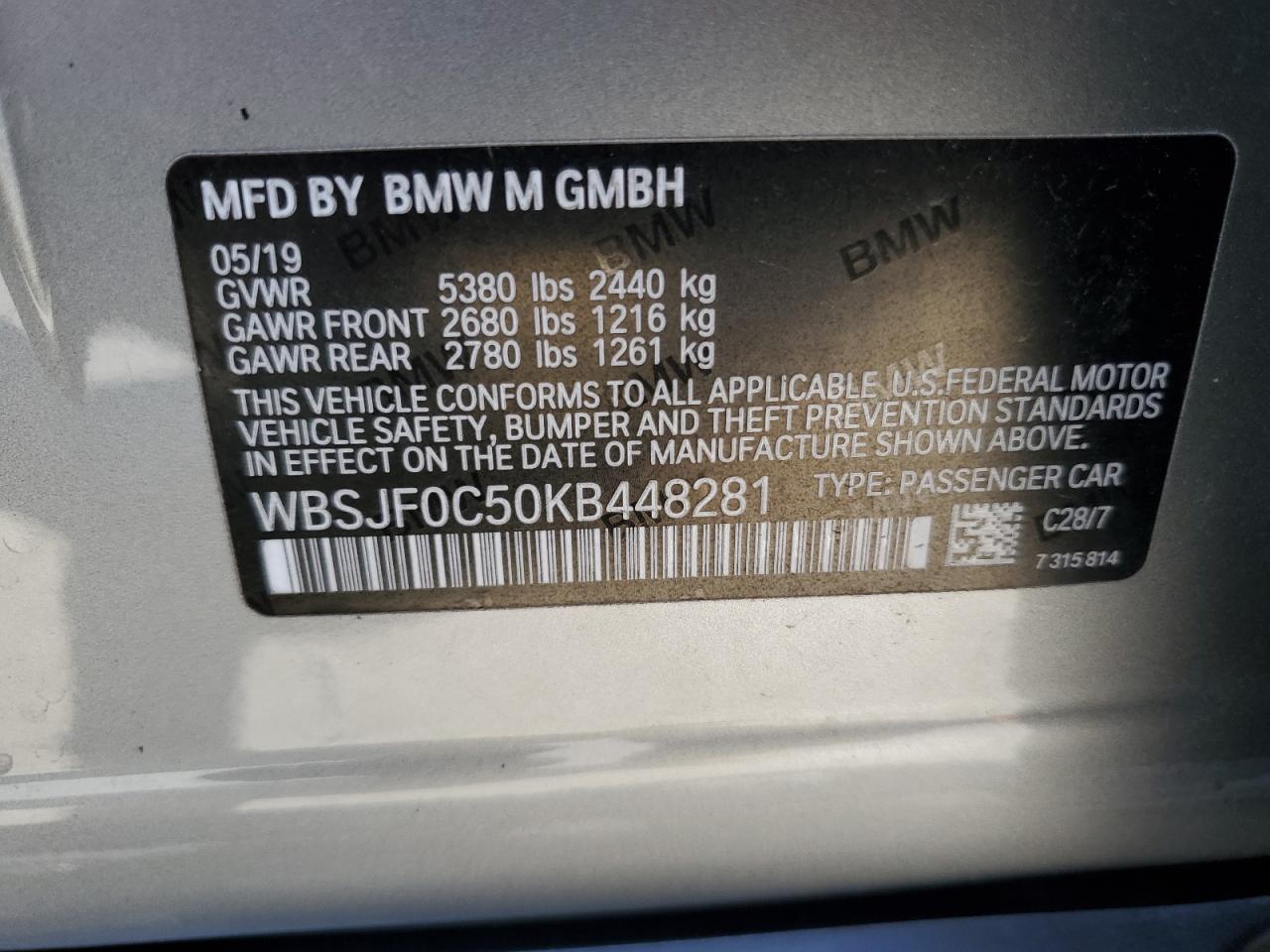 2019 BMW M5 VIN: WBSJF0C50KB448281 Lot: 85879495