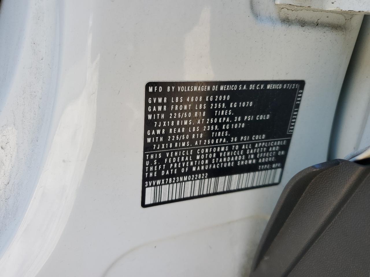 2022 Volkswagen Taos Se VIN: 3VVWX7B23NM022822 Lot: 89681595