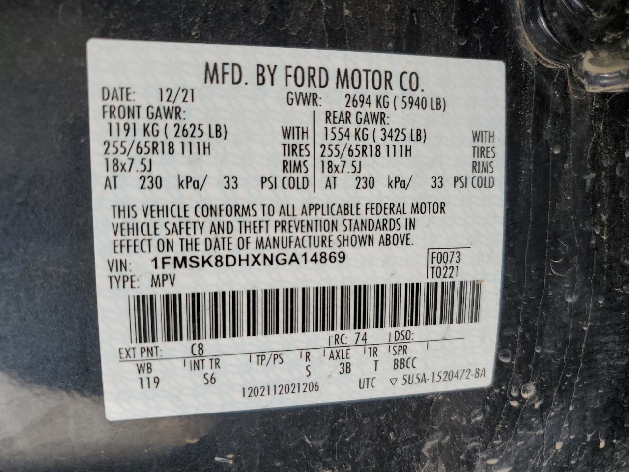 2022 Ford Explorer Xlt VIN: 1FMSK8DHXNGA14869 Lot: 85858275