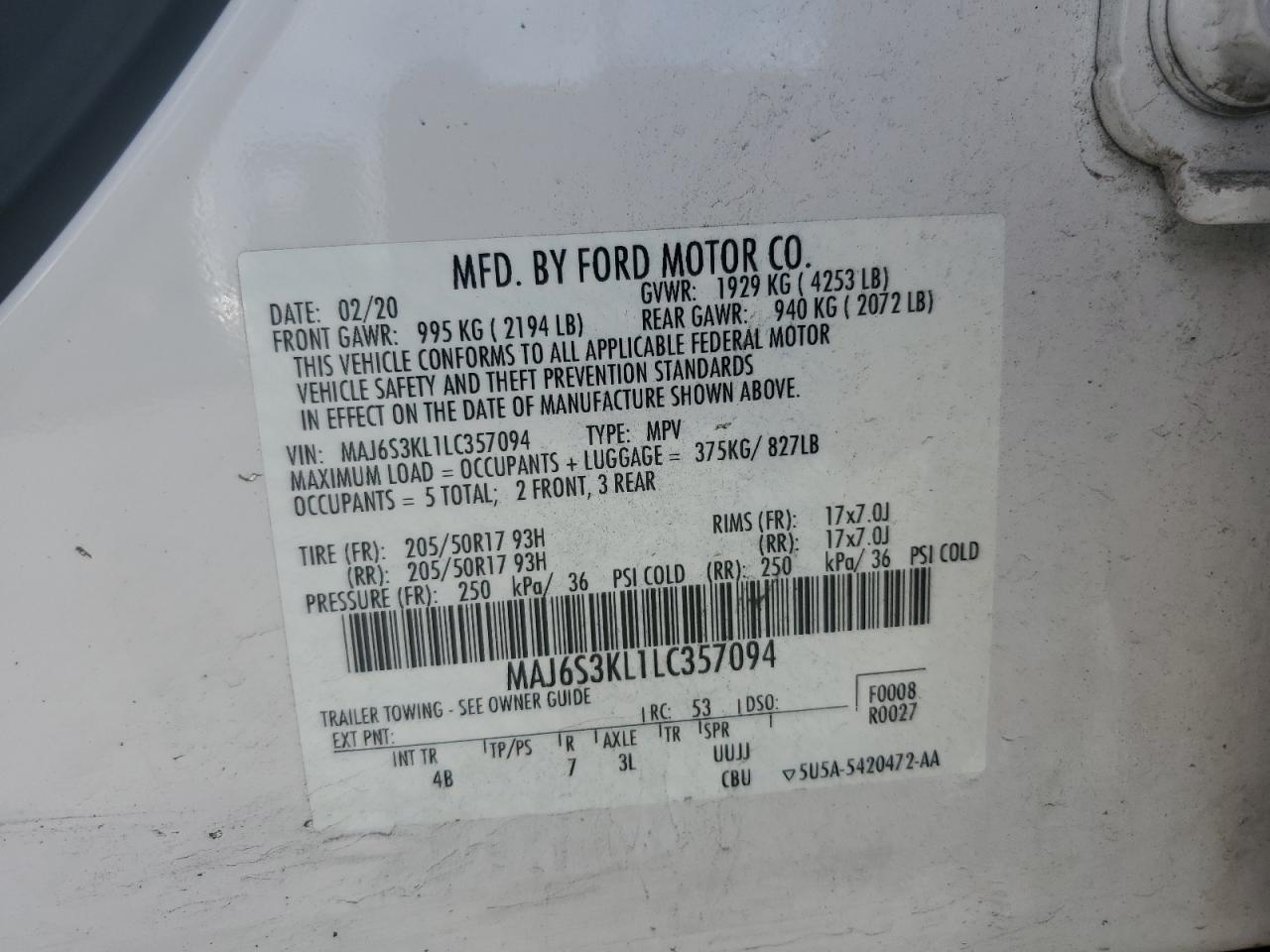 2020 Ford Ecosport Titanium VIN: MAJ6S3KL1LC357094 Lot: 82483125
