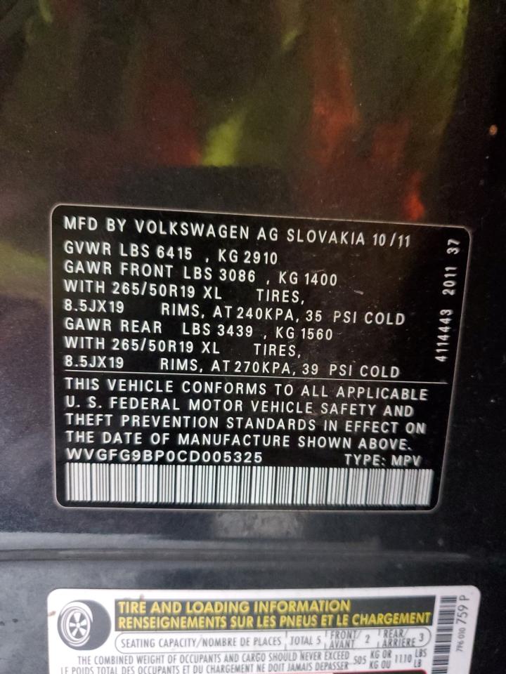 2012 Volkswagen Touareg Hybrid VIN: WVGFG9BP0CD005325 Lot: 85893685