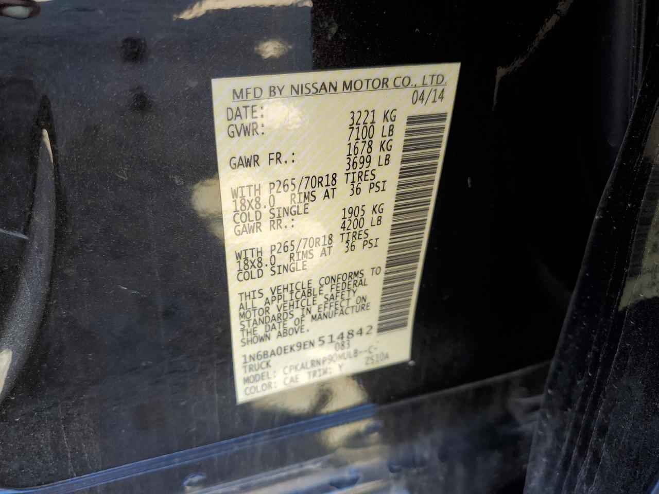 2014 Nissan Titan S VIN: 1N6BA0EK9EN514842 Lot: 84911845