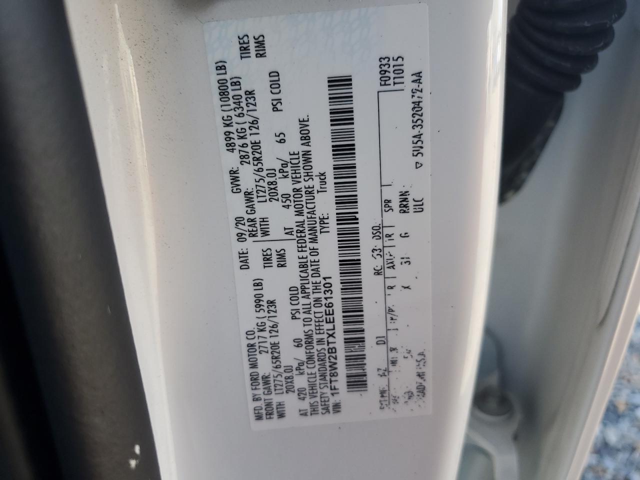 2020 Ford F250 Super Duty VIN: 1FT8W2BTXLEE61301 Lot: 86119005