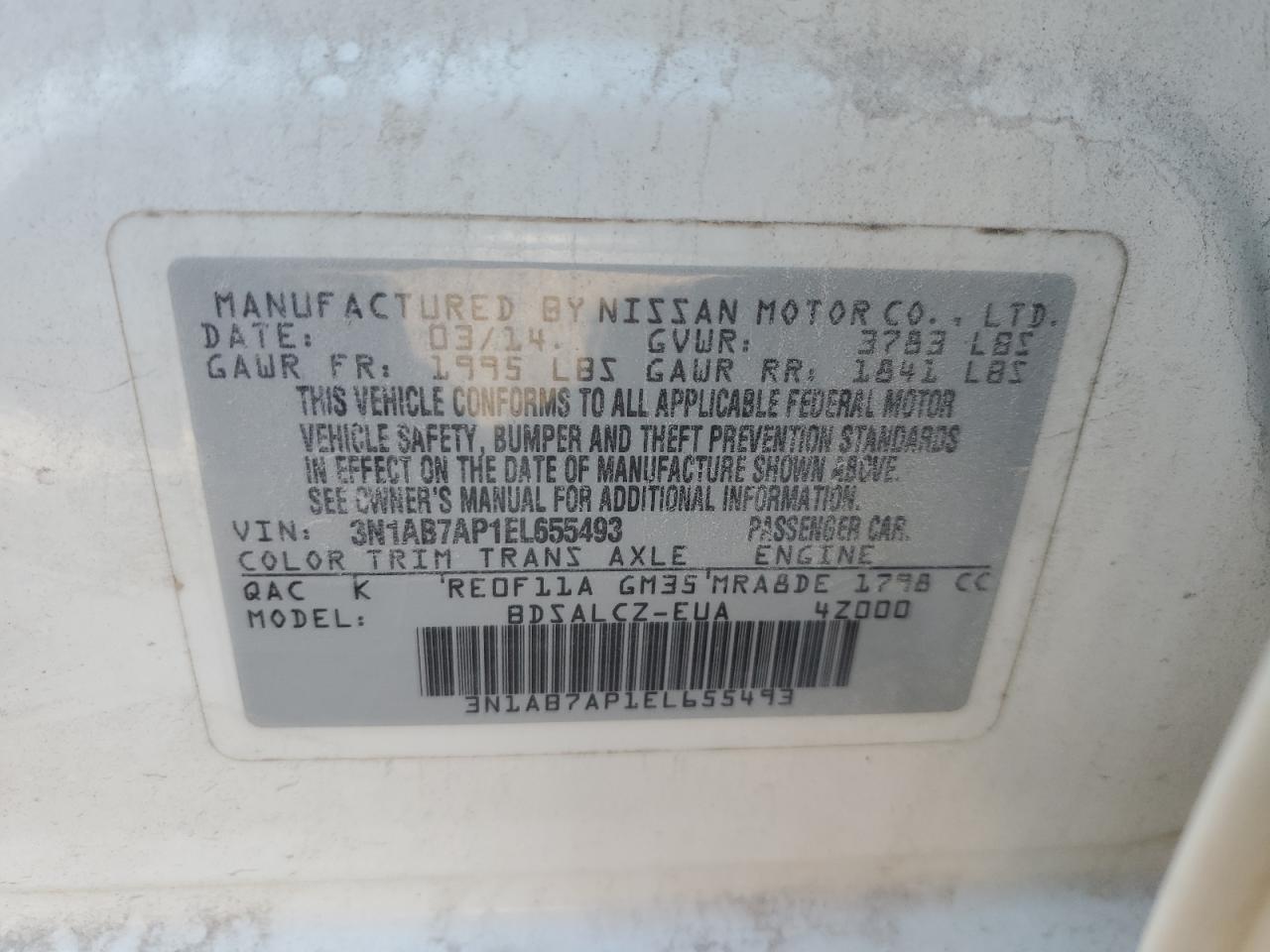 2014 Nissan Sentra S VIN: 3N1AB7AP1EL655493 Lot: 87073555