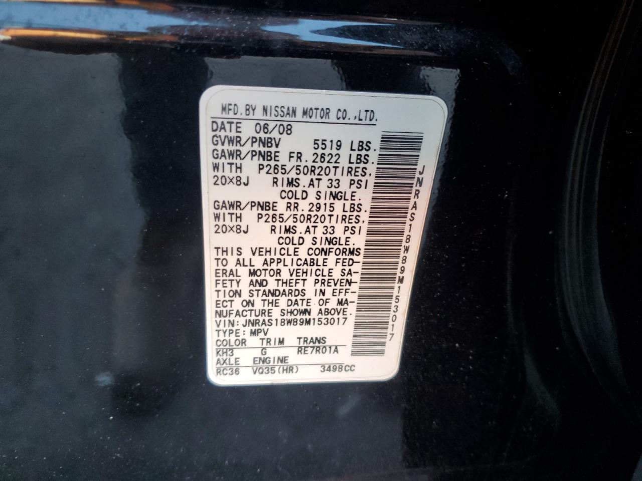 2009 Infiniti Fx35 VIN: JNRAS18W89M153017 Lot: 85136855