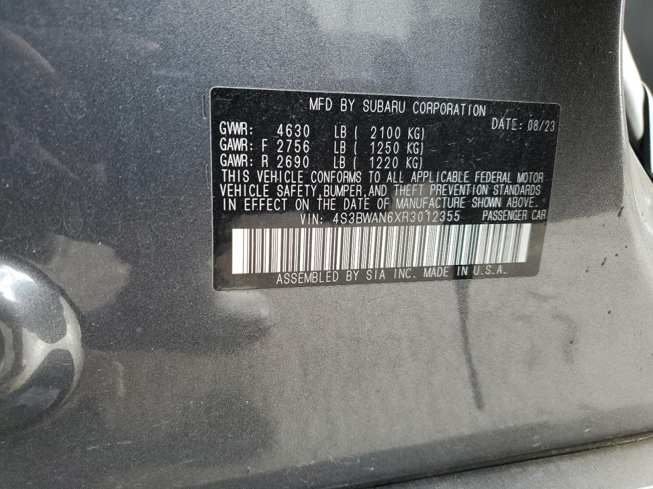 2024 Subaru Legacy Limited VIN: 4S3BWAN6XR3012355 Lot: 84771855