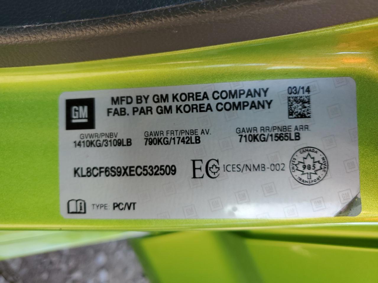 2014 Chevrolet Spark 2Lt VIN: KL8CF6S9XEC532509 Lot: 85329425