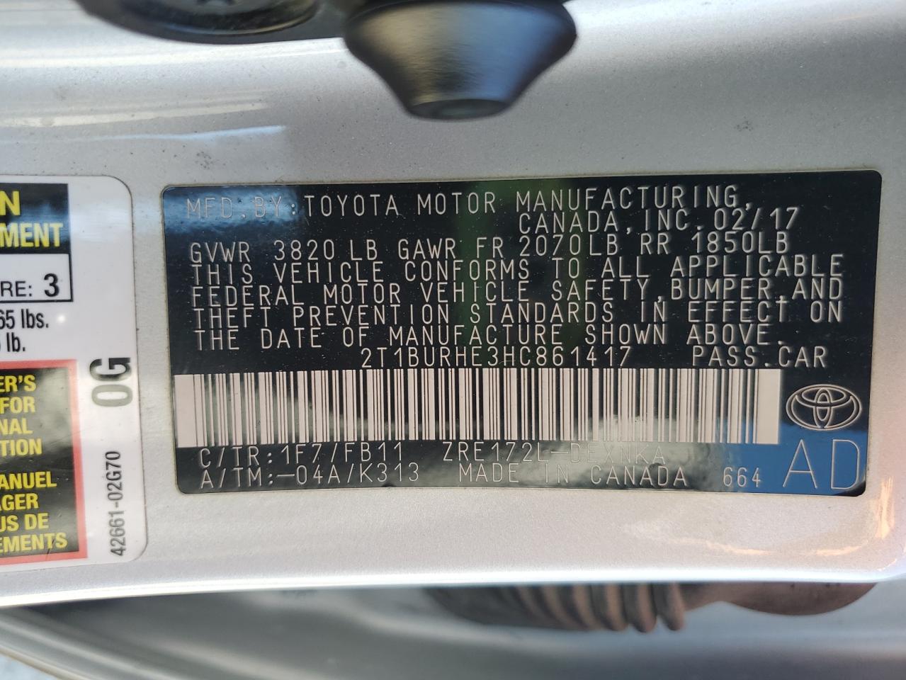 2017 Toyota Corolla L VIN: 2T1BURHE3HC861417 Lot: 84298305